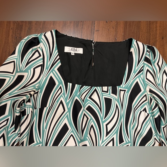 Tibi Shift Dress Size 10 Geometric Pattern Black White Teal 100% Silk Business - Picture 14 of 16